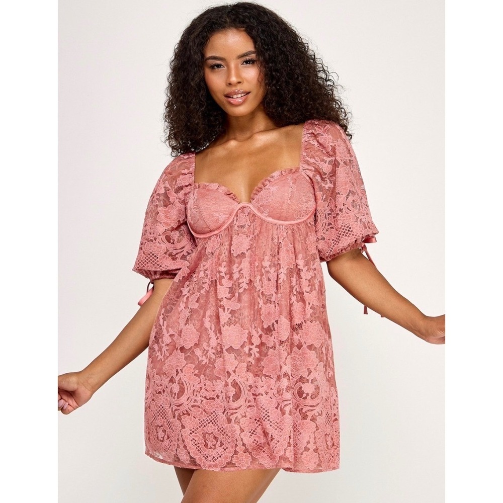 Seni & Cade Rose Pink Floral Lace Underwire Babydoll Dress Medium 2748-HH8A